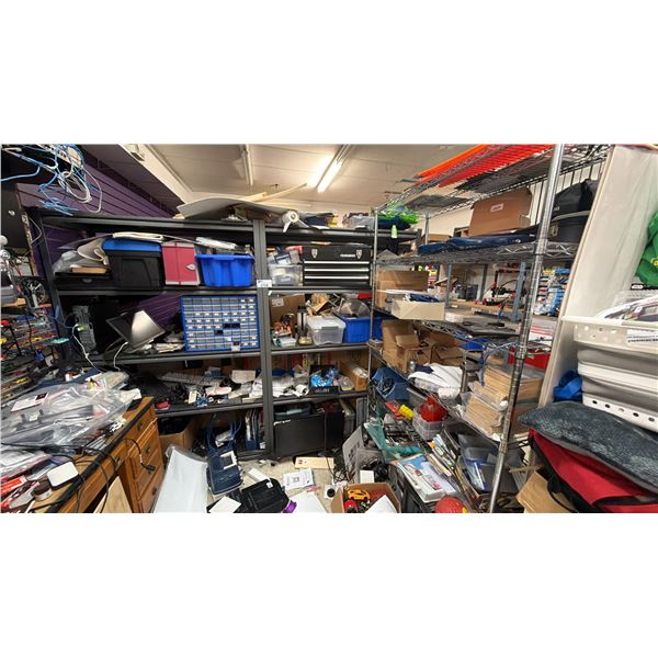 MISCELLANEOUS ITEMS ON SHELVES INCLUDING; DOUBLE BANK RACK & 1 METRO RACK & HOT WHEELS DISPLAY