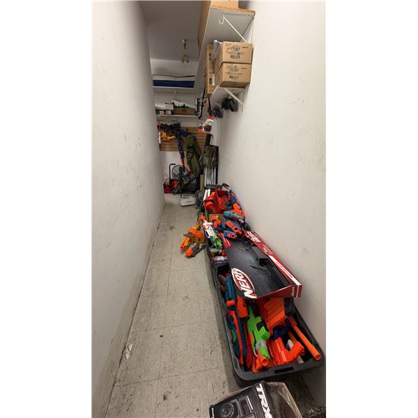 ALL MISCELLANEOUS ITEMS IN HALLWAY INCLUDING; NERF GUNS, TABLES, PORTABLE FAN, TOYS, BROOMS,