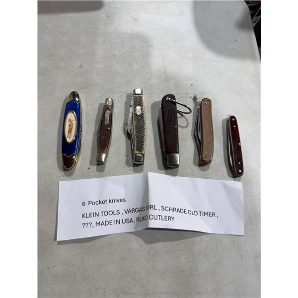 Six pocket knives, Klein tools, BARGAS girl and other