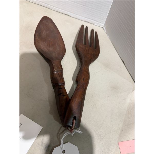 Decorative wood, fork, and spoon