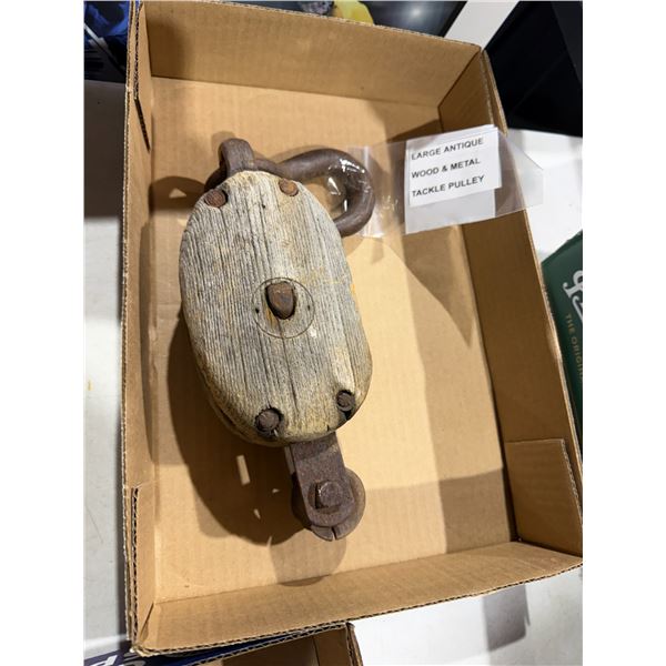 Large antique wood and metal tackle pulley
