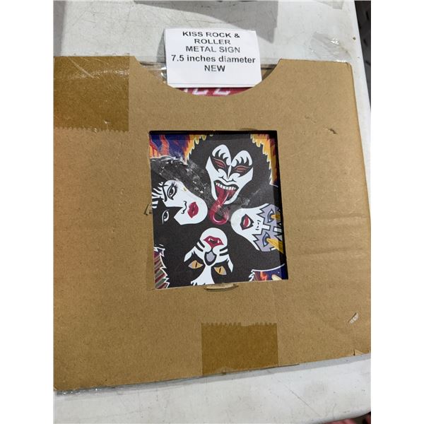 Kiss rock 'n' roll roller metal sign 7.5 inches in diameter