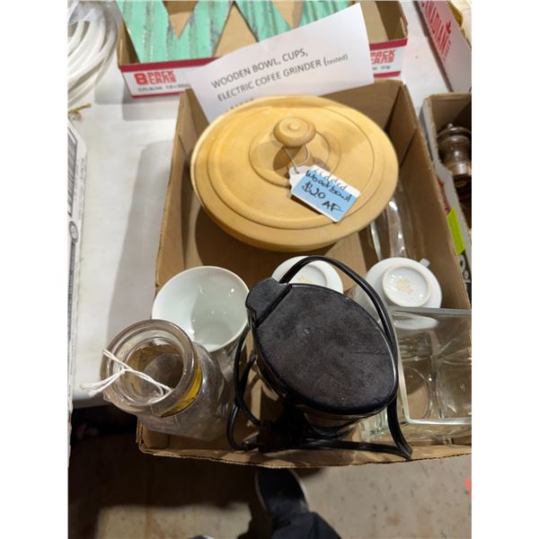Wooden bowl, cups, electric coffee grinder