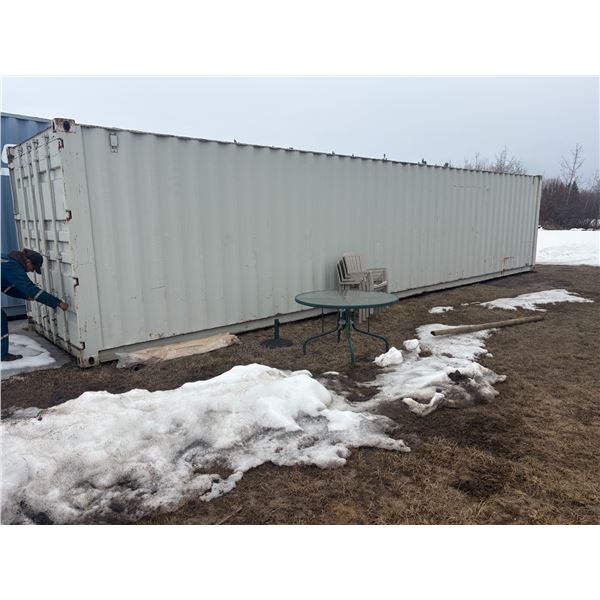 8 ft. x 40 ft. Seacan, grey. Has a dent on the South end which has somewhat been repaired. Buyer res