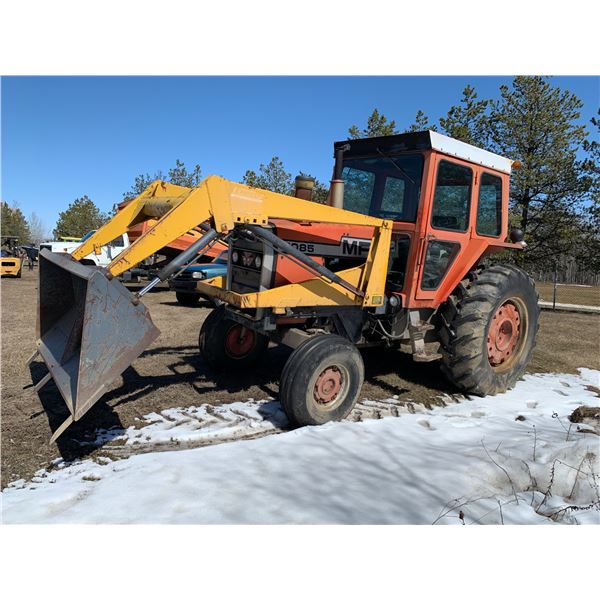 MF 1085 tractor, cab c/w Eeze-On loader, multi power, 5205 hrs., Tractor has issues starting. Runs &