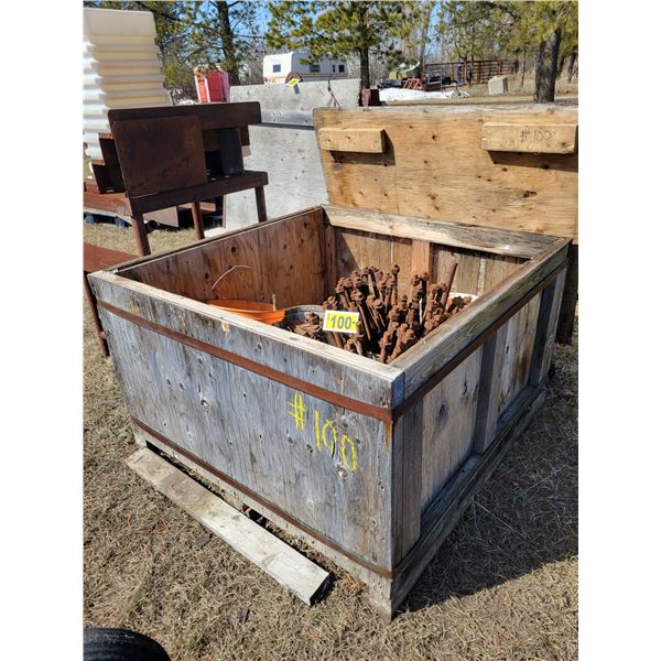 Crate full of metal rods, various plating, bolts, etc.