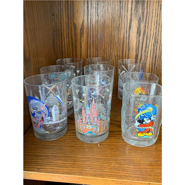 (Contents on Shelf) 9- Disney collectables drinking glasses & kettle, glass milk jug, green jar & Co