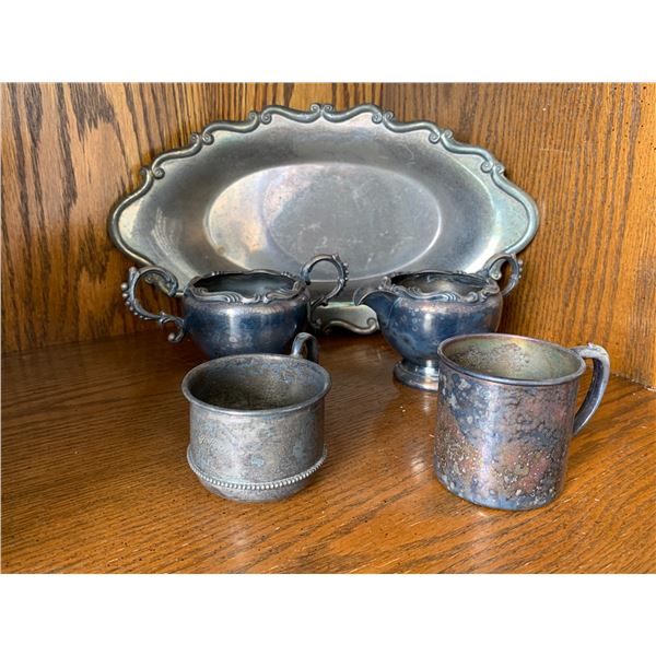 (Contents on Shelf) Pewter tray, tea pot, 2- sugar bowls, 2- creamers & 2- mugs