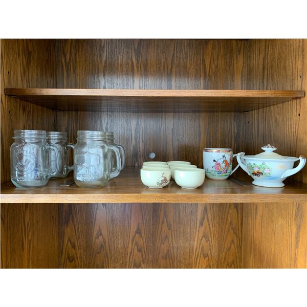 (Contents on Shelf) 4- Mason jar drinking glasses & 7- teacups & sugar bowl