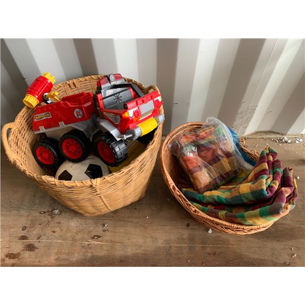 Wicker basket c/w qty of kids toys & basket with table clothes