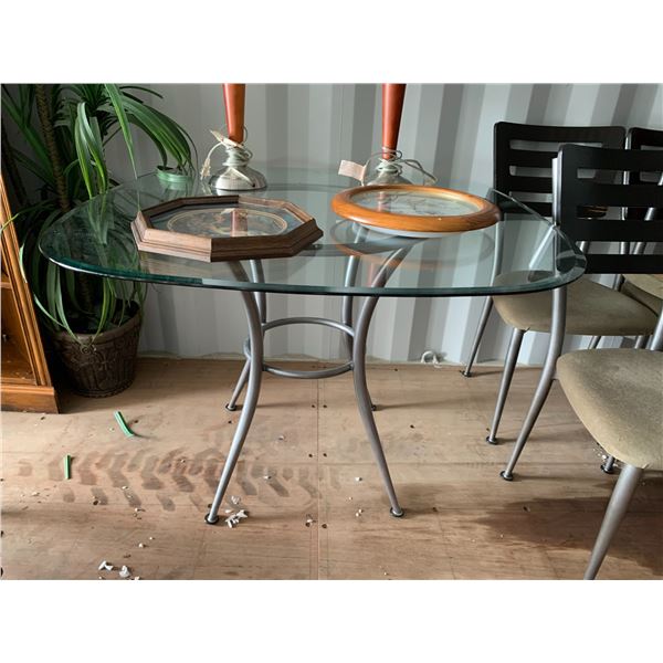 Approx. 40.5 inch x 42 inch Metal glass kitchen table c/w 6- chairs (Contents on table Not Included)
