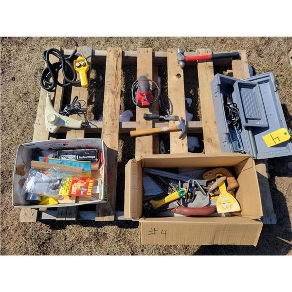 Pallet of Misc. hammers, chisel, sander, scrapers, cement tools, saw & Dremel, working order, etc.