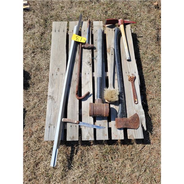Pick, 14 lb. sledge, axe, misc. tools