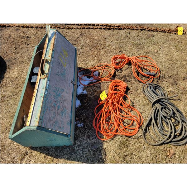 Wood tool box c/w misc. & 4- various ext. cords, some with no ends