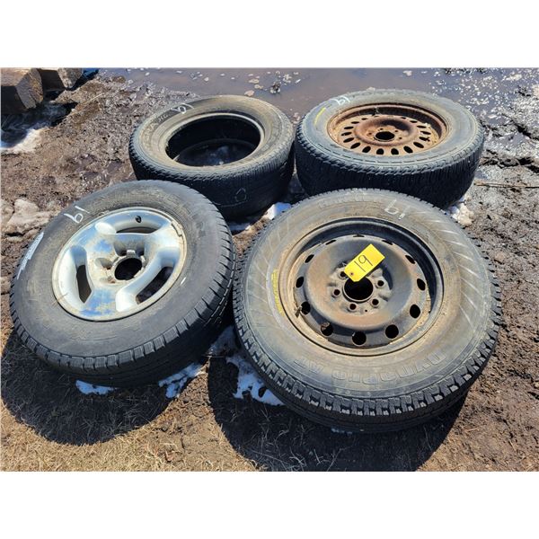 2- 17 inch tires c/w 6-hole rims, 17 inch tire & 16 inch tire & dodge rim