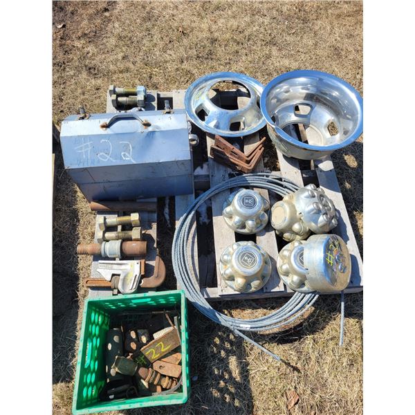Pallet of misc., hub caps, tool box, cable, 4 heavy brackets, 4- large bolts & misc. steel