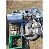 Image 1 : Pallet of misc., hub caps, tool box, cable, 4 heavy brackets, 4- large bolts & misc. steel