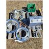 Image 2 : Pallet of misc., hub caps, tool box, cable, 4 heavy brackets, 4- large bolts & misc. steel