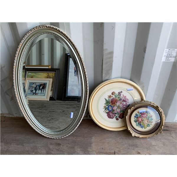 Oval glass mirror, 33 1/2 inch x 22 inch  & 2- Needle point pictures