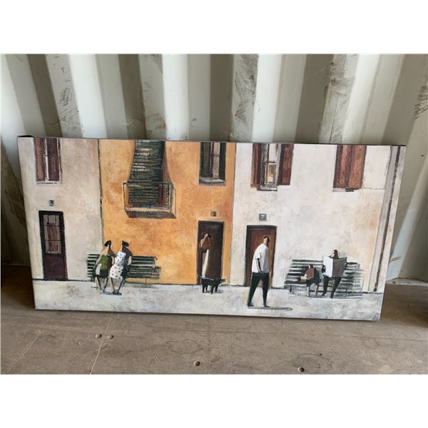 Painting of people on a bench, 47 1/2 inch x 23 1/2 inch