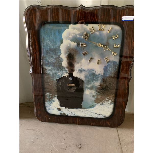 Lacquered wood train clock, 24 inch x 19 1/2 inch
