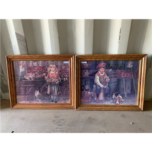 2- Pictures, Boy with is Dog & Girl with her Kitten, 19 1/2 inch x 23 inch x2