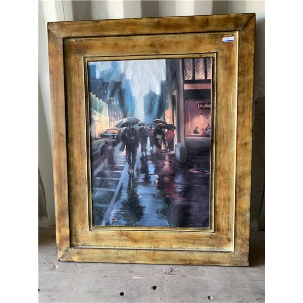 "Walk in the Rain" Metal framed picture, 40 inch x 32 1/2 inch