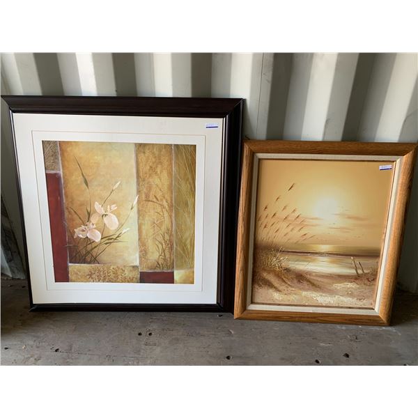 2- Pictures, Sandy beach, 35 inch x 35 inch (Cracked frame) & abstract florals , 29 1/2 inch x 25 1/