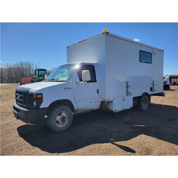 2008 Ford E350, Ex Telus Fibre Truck, showing 215,136 kms, 15 ft enclosed van body c/w rear hitch, V