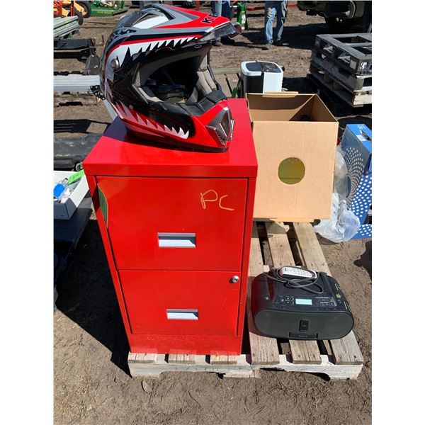 Red 2-drawer filing cabinet & Moto Design Quad Helmet & Sony DVD/Radio c/w remote, works