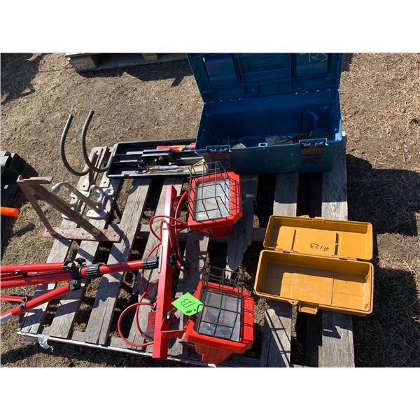 Blue tool box c/w misc. tools, small yellow toolbox, commercial elec. Dual lights c/w stand & 50 Hea