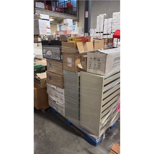 3 PALLETS OF LIGHTING SUPPLIES INCLUDING FIXTURES, BULBS, SHELVING AND MORE - MUST TAKE ALL