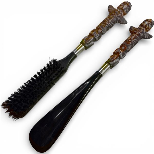 Vintage Shoe Horn and Clothes Brush with Resin Totem Pole Handles