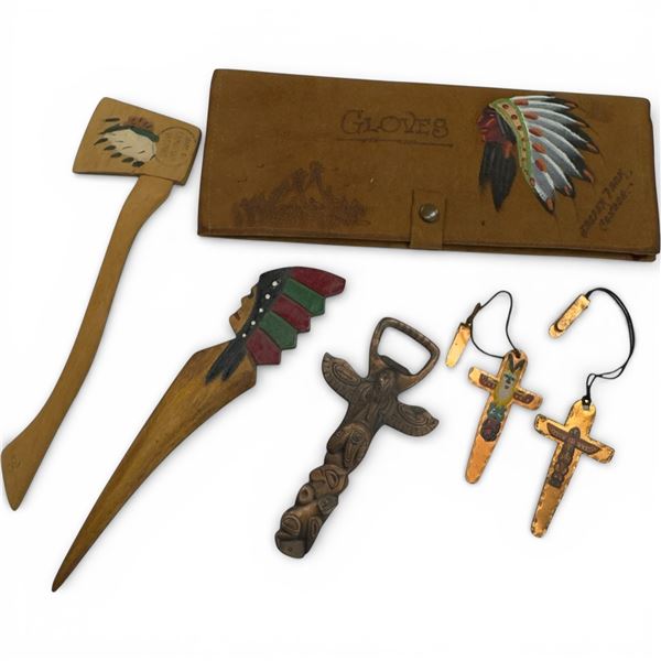 6 Pcs. Lot of First Nation Design Items (Leather Wallet, Copper Bookmarks, Bottle Opener, & Wood Let