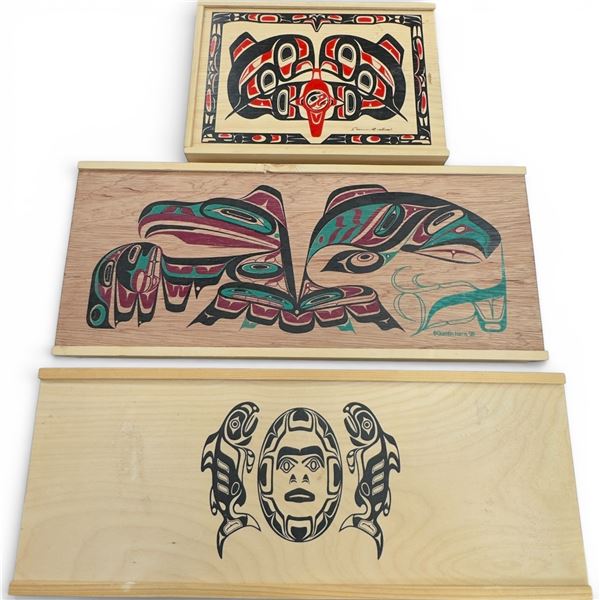 3 Haida Design Wood Boxes with Sliding Tops (one is 1.75" x 8" x 11", two are 1.75" x 8" x 18")