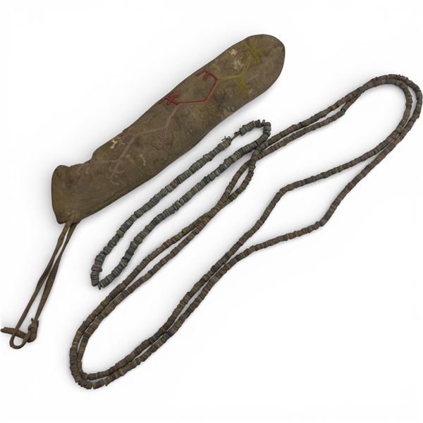 Embroidered Leather Pouch and Two Stone Hishi Bead Necklaces (Pouch is 11" x2.5". 18" and 72" neckla