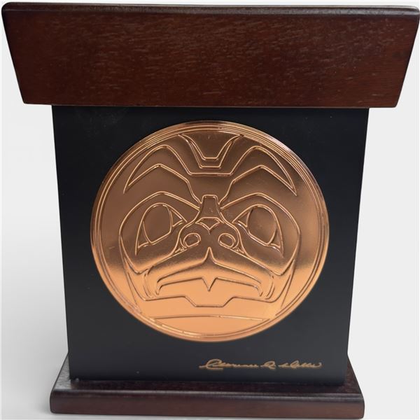 Clarence Wells Wood Keepsake Box with Copper Haida Design Plaque * 7" x 7" x 9" tall