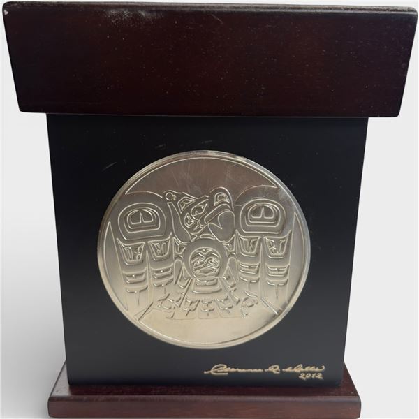 Clarence Wells Wood Keepsake Box with Metal Haida Design Plaque * 7" x 7" x 9" tall