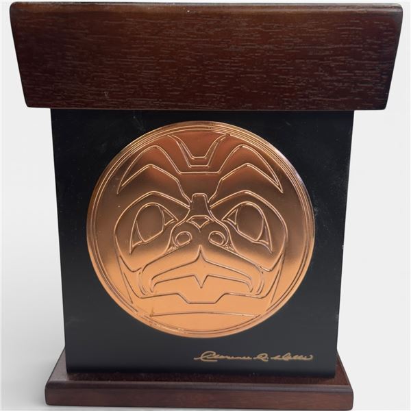 Clarence Wells Wood Keepsake Box with Copper Haida Design Plaque * 7" x 7" x 9" tall