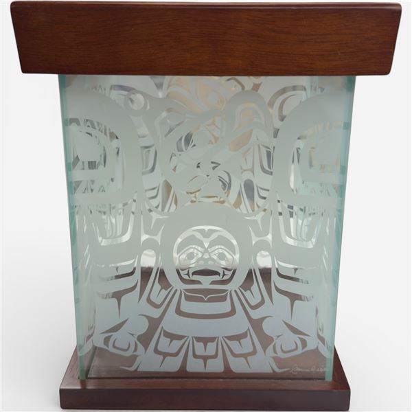 Clarence Wells Etched Glass "Haida Thunderbird" Design Keepsake Box (7" x 7" 10" tall)