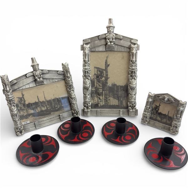 3 Boma Pewter Pacific Northwest Design Picture Frames & 4 Metal Candle Holders (largest frame is 6"