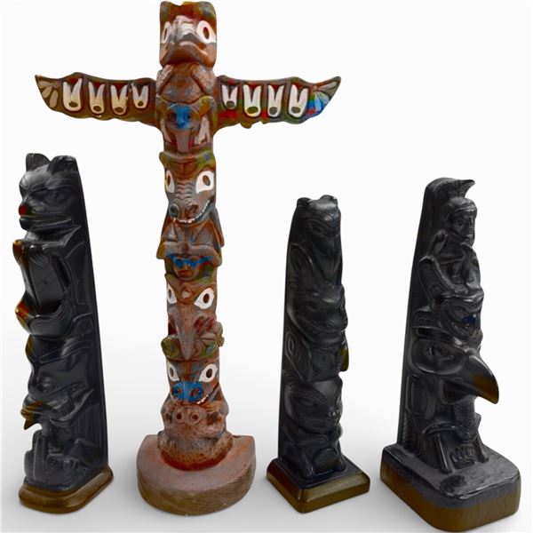1 Edmund Wolf Design & 3 Black Totem Pole Figurines (Tallest is 10.5" Edmund Wolf which has a repai