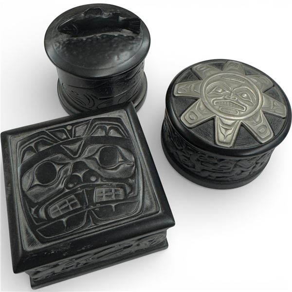 3 Black Lidded Trinket Boxes with Northwest Coast Designs (square box is 3.5" x 3.5" x 3" tall)
