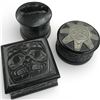 Image 1 : 3 Black Lidded Trinket Boxes with Northwest Coast Designs (square box is 3.5" x 3.5" x 3" tall)
