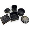 Image 2 : 3 Black Lidded Trinket Boxes with Northwest Coast Designs (square box is 3.5" x 3.5" x 3" tall)