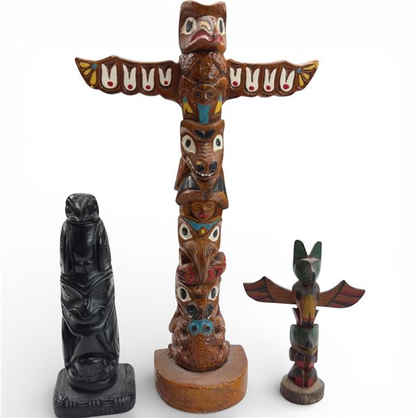 3 Totem Pole Figurines (11" Edmund Wolf, 6" Black Resin & 4.5" Carved & Painted Wood)