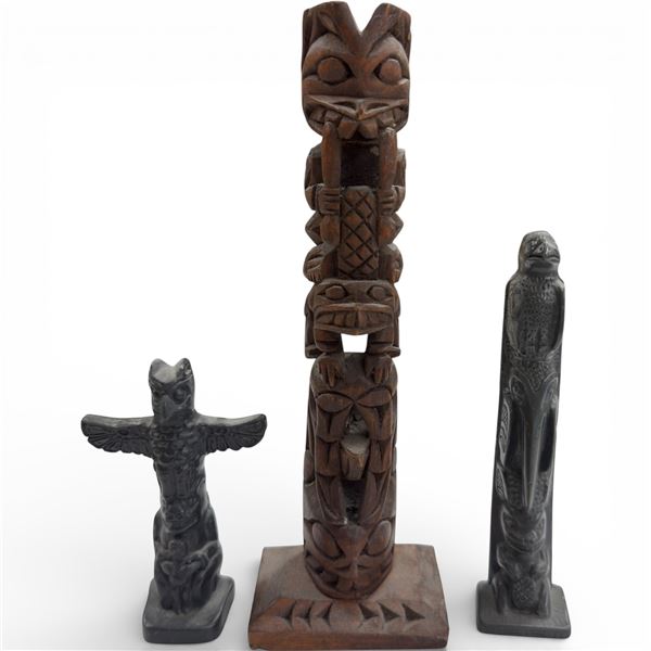 3 Totem Pole Figurines (2 black resin & one 9" carved wood)