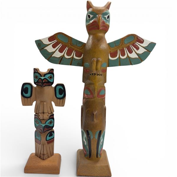 2 Totem Pole Figurines (the tallest is the 14" Tlingit Raven Eagle)
