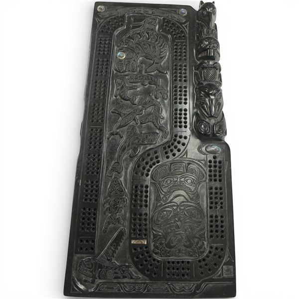 Haida Design Cribbage Board with Abalone Accents (7" x 14" x 1" thick)