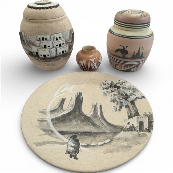 4 Pieces of Native American and Southwest-Style Pottery * the Plate is 9" Diameter